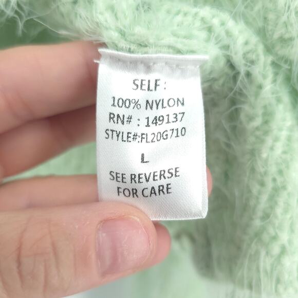 Rebels&Lovers V Neck Fuzzy Twisted Crop Green Eyelash Knit Sweater BellSleeve L - Picture 7 of 13